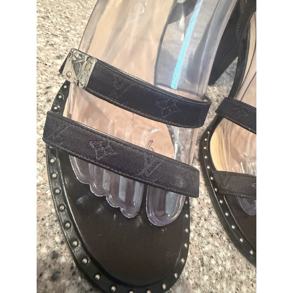 Louis Vuitton Strappy Monogram Satin Sparkle Leather Block Heel Sandals EU 39.5 - Picture 6 of 16